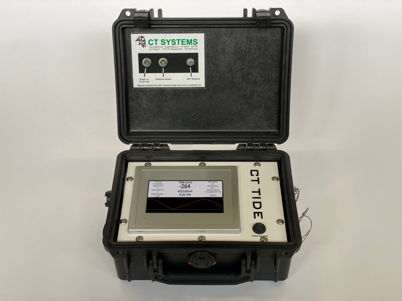 CT-Tide rugged tide gauge in its Peli case with touchscreen display